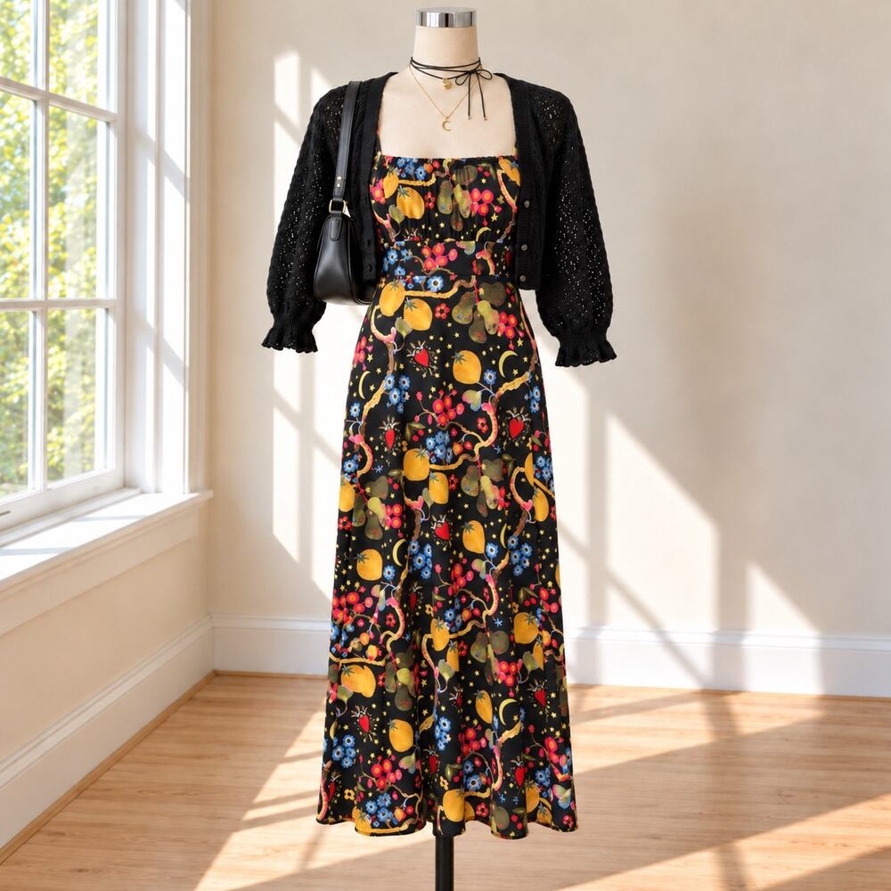 Smith & Quinn Whimsical Fruit Floral Maxi Dress Fairy Whimsigoth Sz. XS